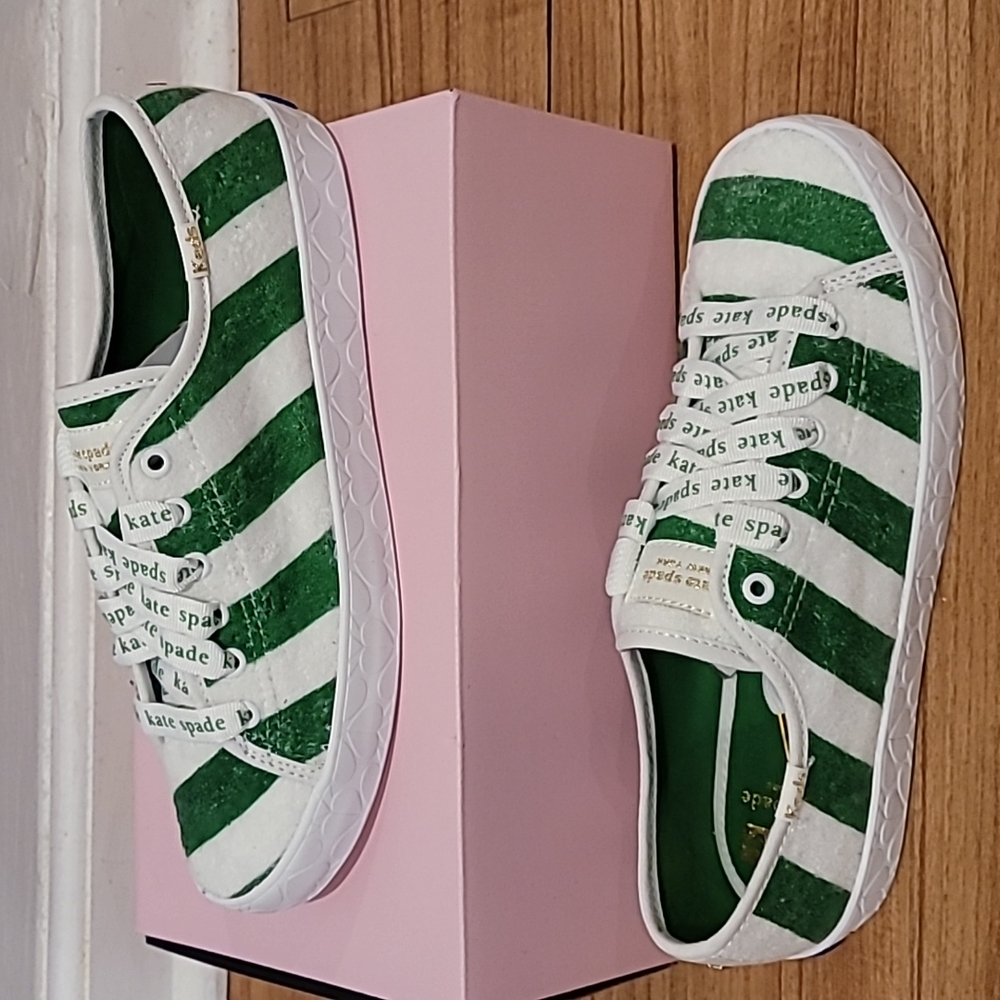 Size 7.5 Kate Spade x Keds, green & white striped sneakers.